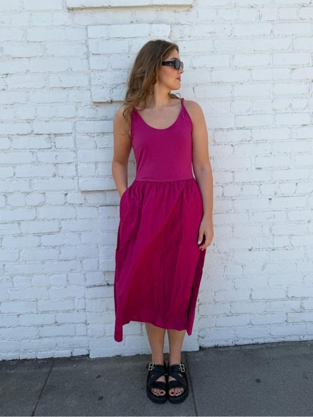Gap magenta hot pink summer midi dress with pockets sz M #vacation #bohemian